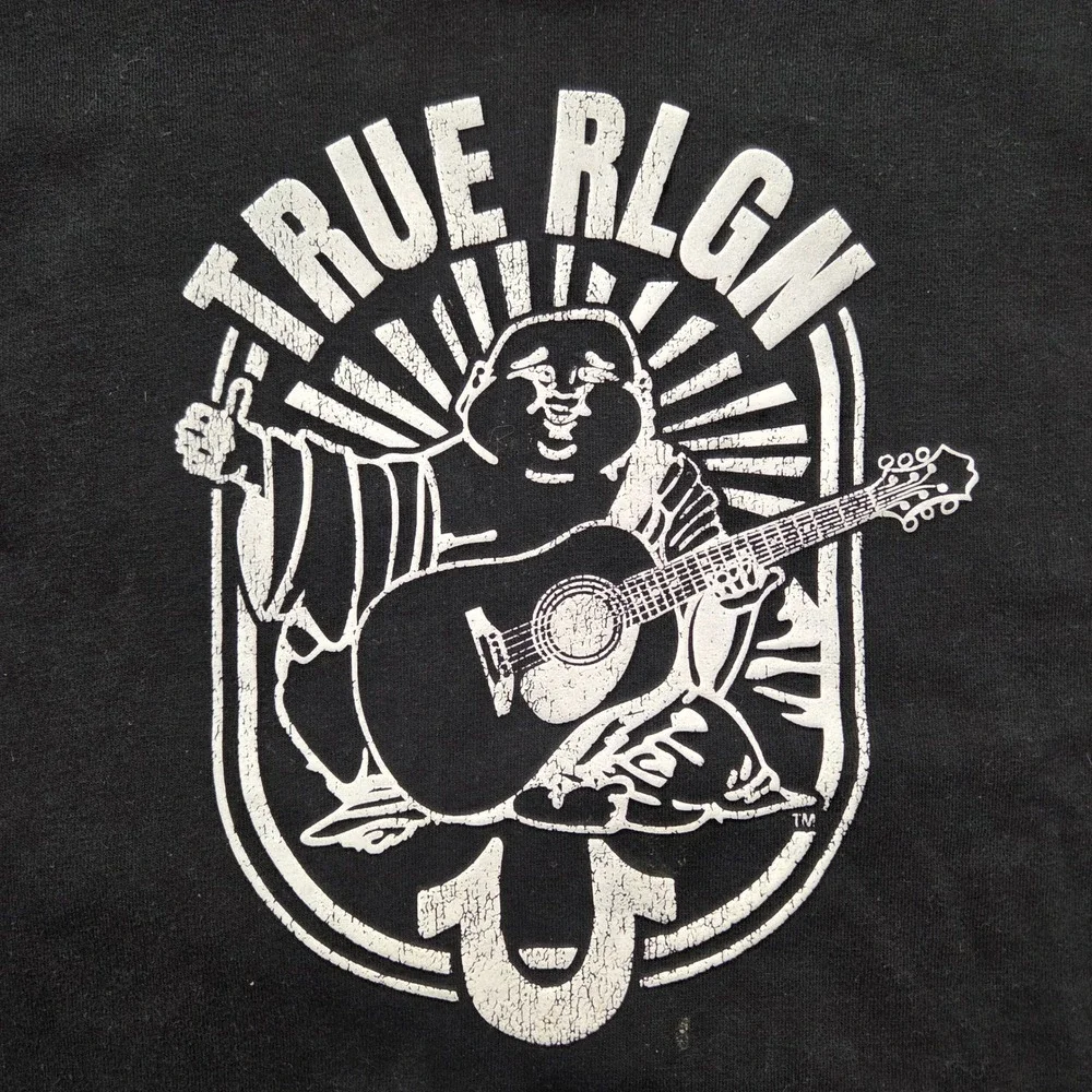 True Religion Black Buddha Guitar Graphic Hoodie‎ Pullover Mens XL *READ